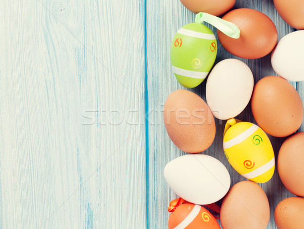 Пасху красочный яйца синий деревянный стол Top Сток-фото © karandaev