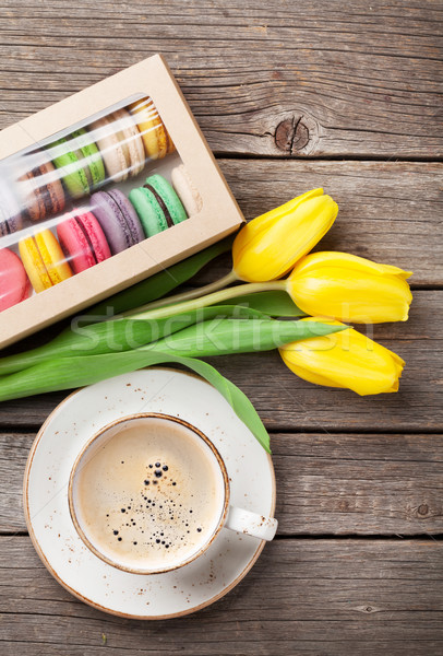 Stock fotó: Színes · kávéscsésze · citromsárga · tulipánok · sütik · virágcsokor