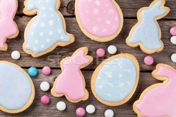 Stockfoto: Pasen · peperkoek · cookies · houten · tafel · konijnen · eieren