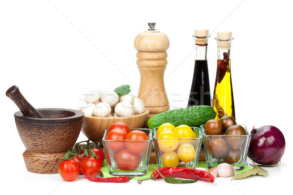 Fresh ingredients for cooking: tomato, cucumber, mushroom and sp Stock photo © karandaev