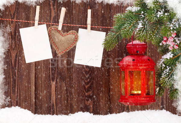 Karácsony gyertya lámpás fotó keret fenyőfa Stock fotó © karandaev
