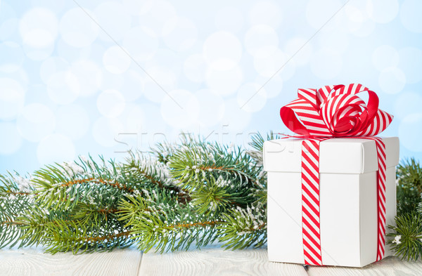 Karácsony ajándék doboz fenyőfa ág fa asztal kilátás Stock fotó © karandaev