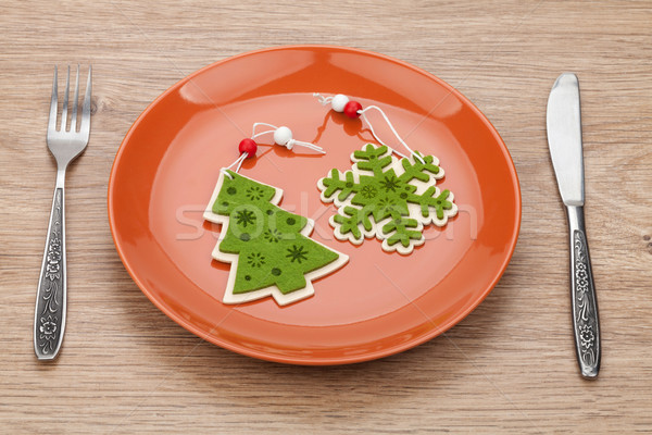 [[stock_photo]]: Noël · plaque · argenterie · table · en · bois · alimentaire