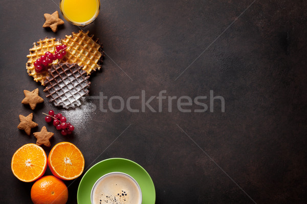Coffee, juice and waffles Stock photo © karandaev