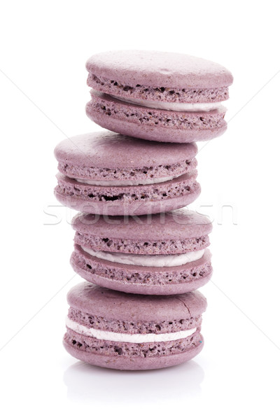 Foto stock: Roxo · macaron · bolinhos · isolado · branco · bolo