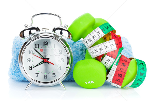 Foto stock: Dois · verde · fita · métrica · despertador · fitness · saúde