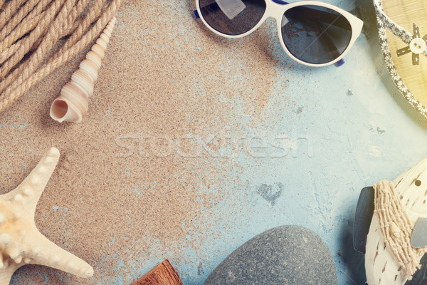 Foto stock: Praia · óculos · de · sol · mar · conchas · pedra