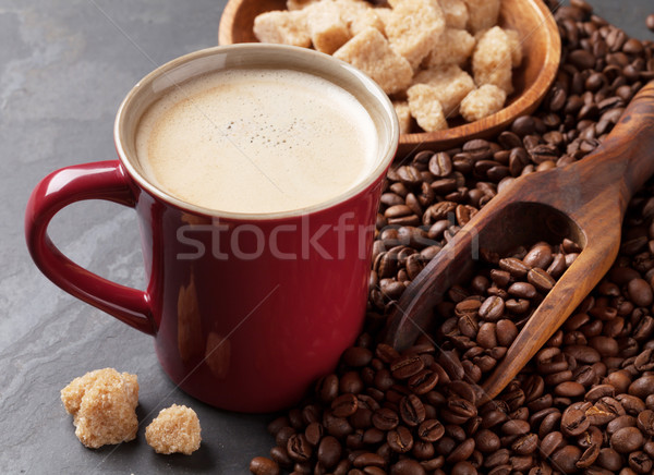 Stock foto: Kaffeetasse · Bohnen · brauner · Zucker · Stein · Tabelle · Essen