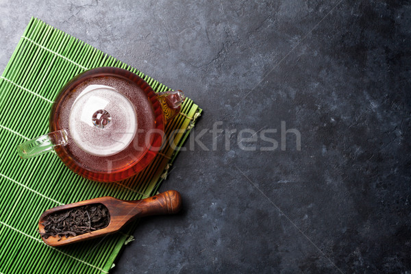 茶壺 幹 茶 勺子 石 表 商業照片 © karandaev