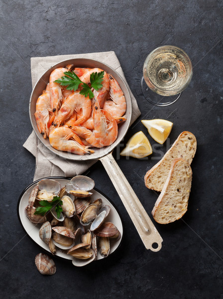Fresh seafood and white wine Stock photo © karandaev