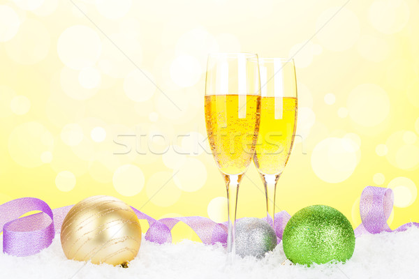 Champagne and christmas decor with snow Stock photo © karandaev