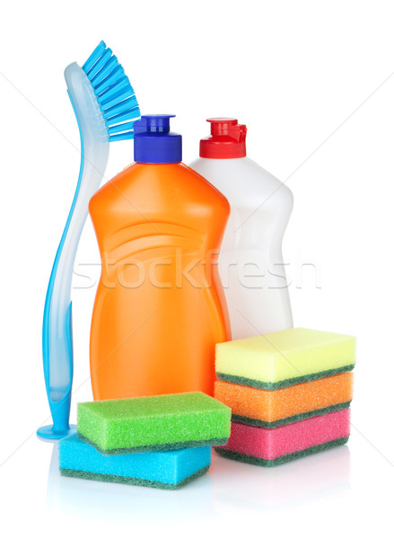 Stockfoto: Plastic · flessen · reinigingsproducten · borstel · geïsoleerd · witte