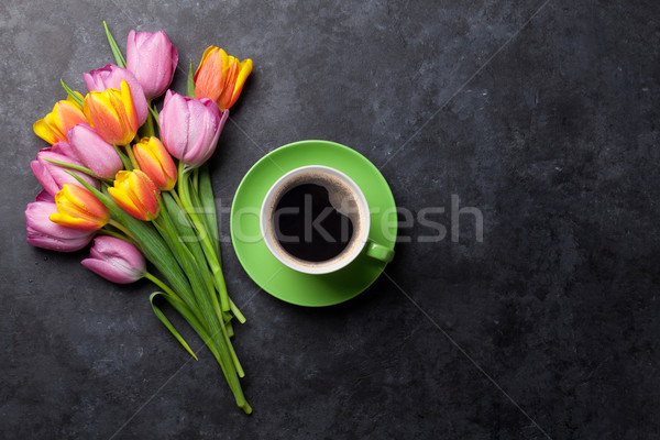 Fresh colorful tulip flowers and coffee Stock photo © karandaev