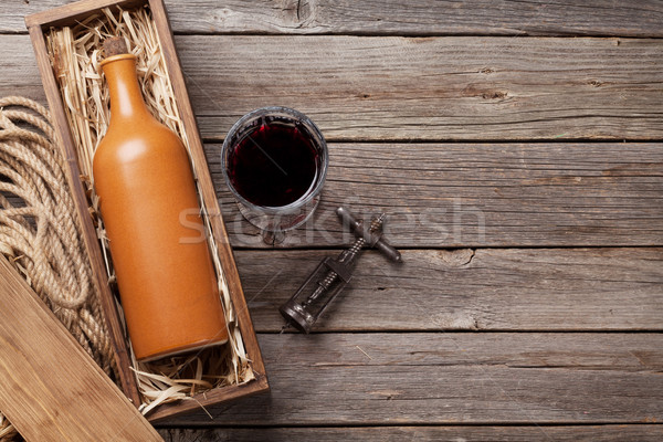 Rotwein Flasche Glas Holztisch top Ansicht Stock foto © karandaev