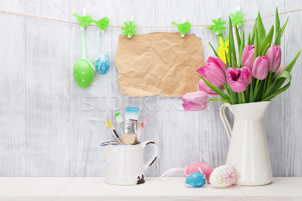 Stock fotó: Húsvéti · tojások · rózsaszín · tulipánok · virágcsokor · polc · fából · készült