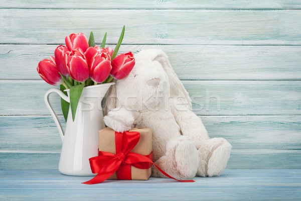 Rojo tulipán flores Pascua conejo juguete Foto stock © karandaev