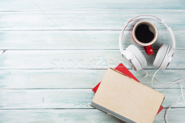 Audio book concept. Headphones, coffee and books Stock photo © karandaev