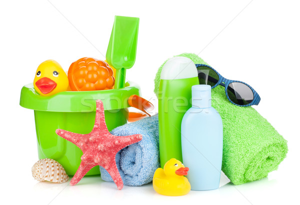 Plaj bebek oyuncakları şişeler yalıtılmış beyaz Stok fotoğraf © karandaev