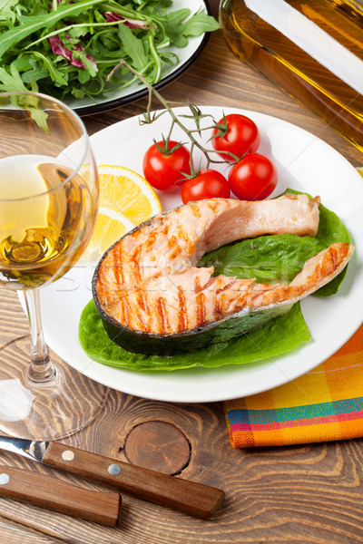 Stock photo: Grilled salmon and whtie wine