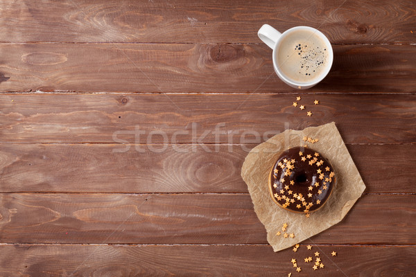 Сток-фото: пончик · кофе · деревянный · стол · Top · мнение · копия · пространства