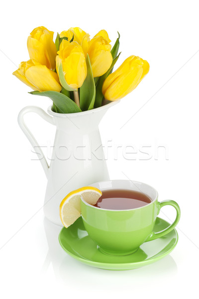 Gelb Tulpen Teetasse Zitronenscheibe isoliert weiß Stock foto © karandaev