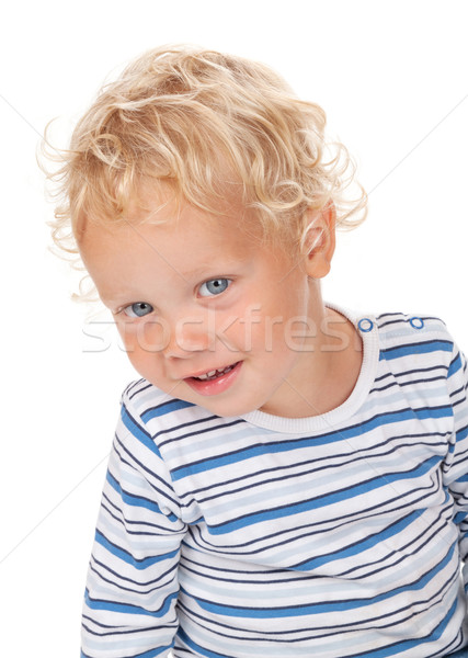 Blanco pelo rizado ojos azules bebé aislado sonrisa Foto stock © karandaev