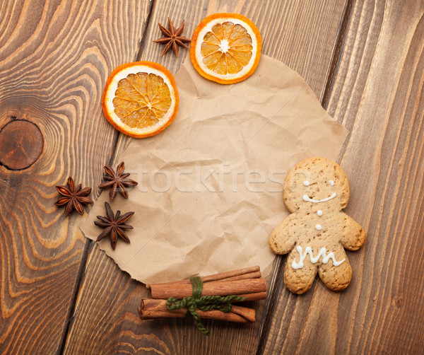 Christmas food decoration with gingerbread cookies, spices and c Stock photo © karandaev