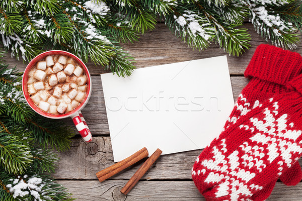 Christmas kartkę z życzeniami rękawice gorąca czekolada drewniany stół Zdjęcia stock © karandaev