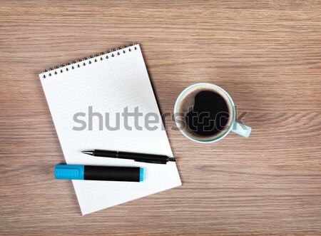 Foto stock: Bloc · de · notas · taza · de · café · oficina · mesa · de · madera · negocios · alimentos