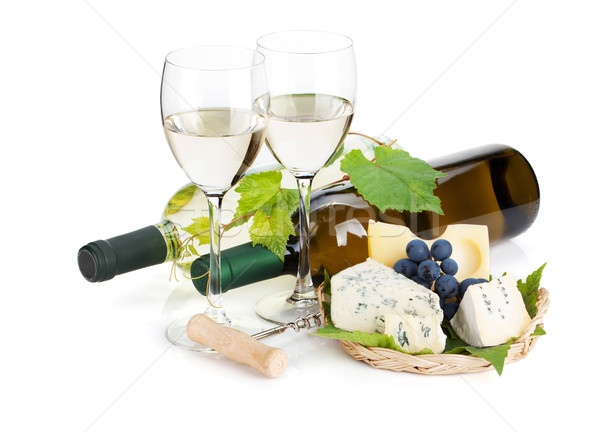 Stock photo: White wine, cheese and grape