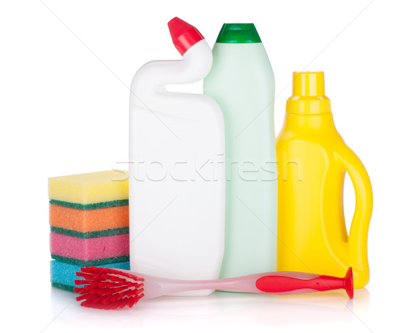 Foto stock: Plástico · garrafas · produtos · de · limpeza · escove · isolado · branco