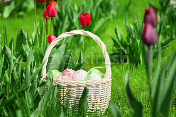 [[stock_photo]]: œufs · de · Pâques · panier · tulipe · fleurs · prairie · herbe
