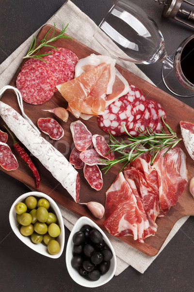 Stock photo: Salami, sausage, prosciutto and wine