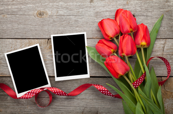 Stockfoto: Vers · tulpen · foto · frames · houten · tafel · voorjaar