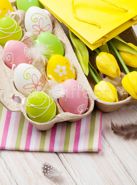 Ostern gelb Tulpen farbenreich Eier Geschenk Stock foto © karandaev