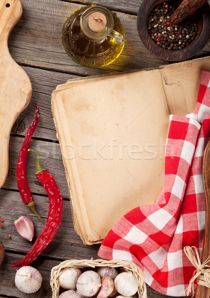 Stock photo: Vintage recipe book, utensils and ingredients