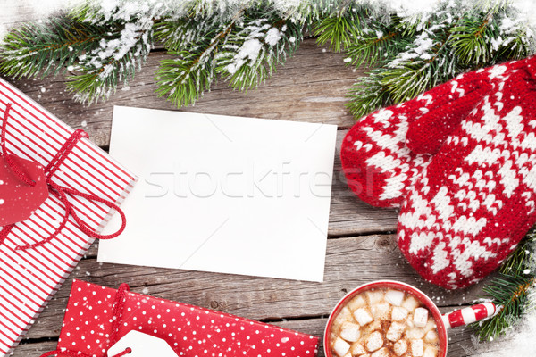 ストックフォト: クリスマス · グリーティングカード · ツリー · ミトン · ホットチョコレート