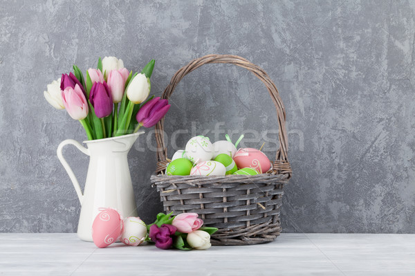 Stock photo: Easter eggs and colorful tulips