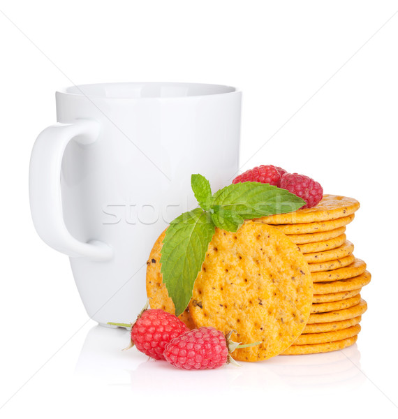 Stock photo: Stack of crackers with mint, berries and cup of drink