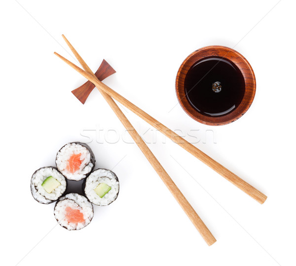 Stockfoto: Sushi · ingesteld · eetstokjes · sojasaus · geïsoleerd · witte