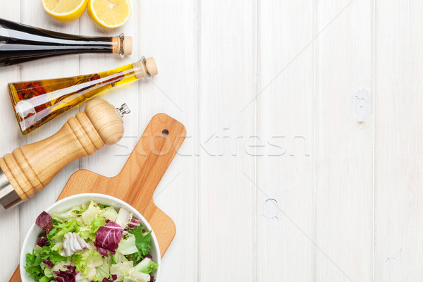 Friss egészséges saláta fűszerek fehér fa asztal Stock fotó © karandaev