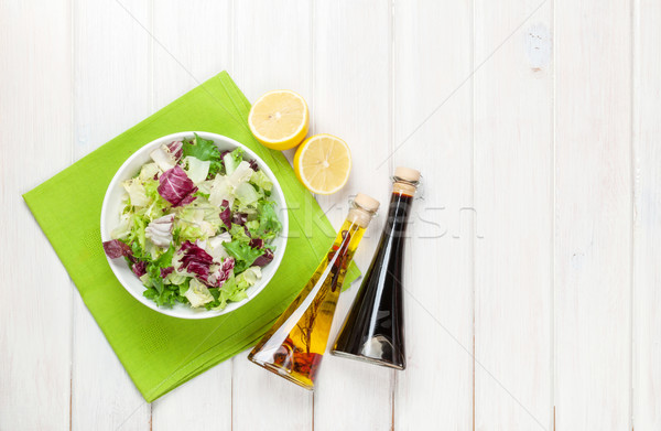 Frischen gesunden Salat Gewürze weiß Holztisch Stock foto © karandaev