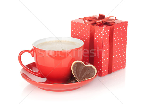 Red coffee cup, chocolate cookie and gift box Stock photo © karandaev