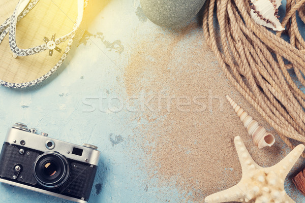 Foto stock: Praia · férias · câmera · starfish · pedra · fundo