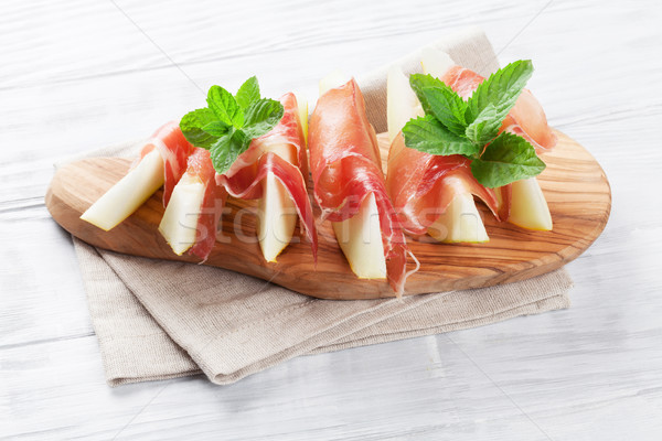 Frischen Melone Prosciutto mint Antipasti Holztisch Stock foto © karandaev