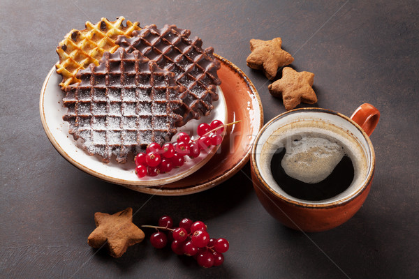 Coffee and waffles with berries Stock photo © karandaev