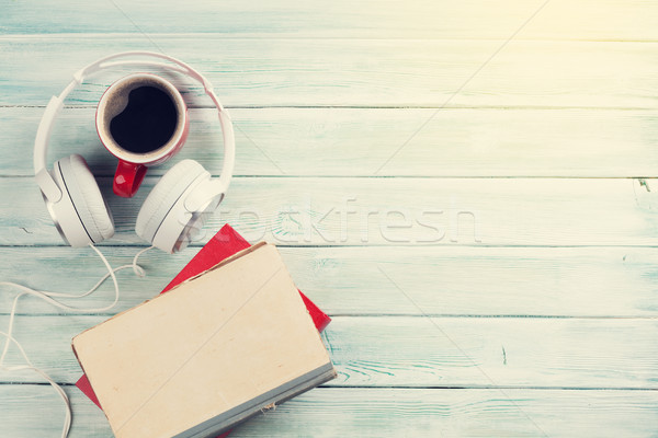 Audio book concept. Headphones, coffee and books Stock photo © karandaev