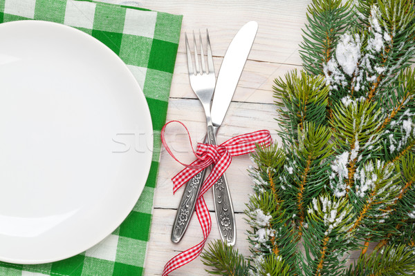 üres tányér ezüst étkészlet karácsonyfa felülnézet fehér Stock fotó © karandaev