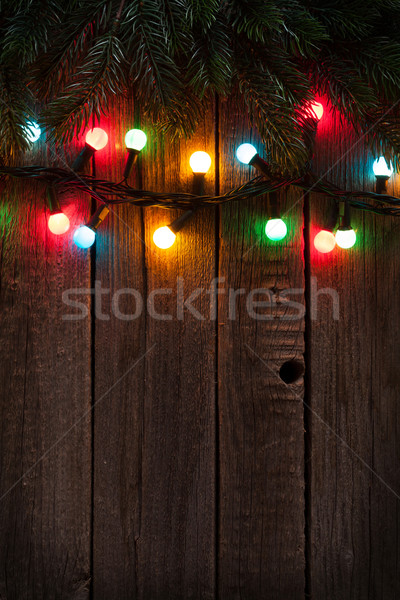 Stockfoto: Kerstboom · tak · kleurrijk · lichten · houten