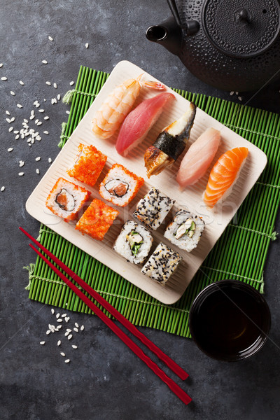 Stok fotoğraf: Ayarlamak · sushi · maki · yeşil · çay · taş · tablo